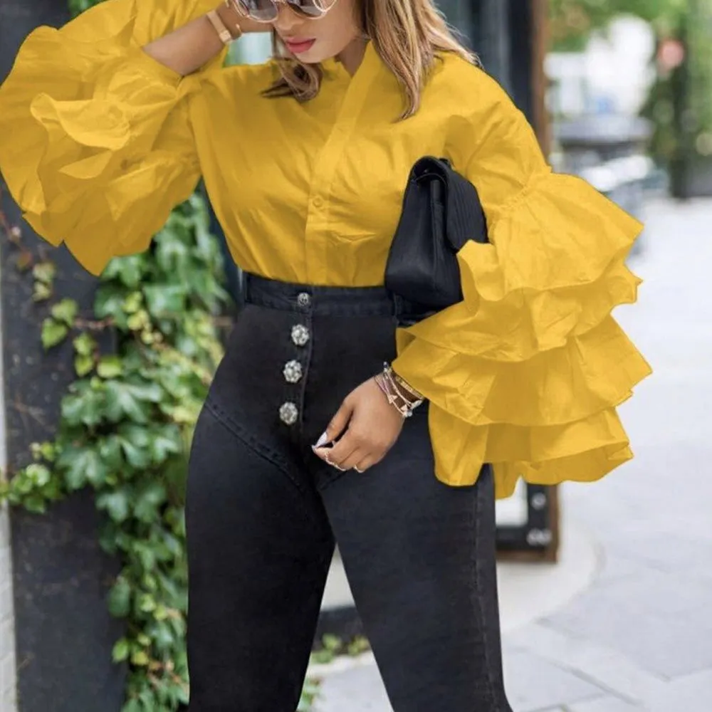 spring new 2021 solid ruffle sleeve falbala shirt blouse stand collar plus size fashion party tops 5 colors green blousa african