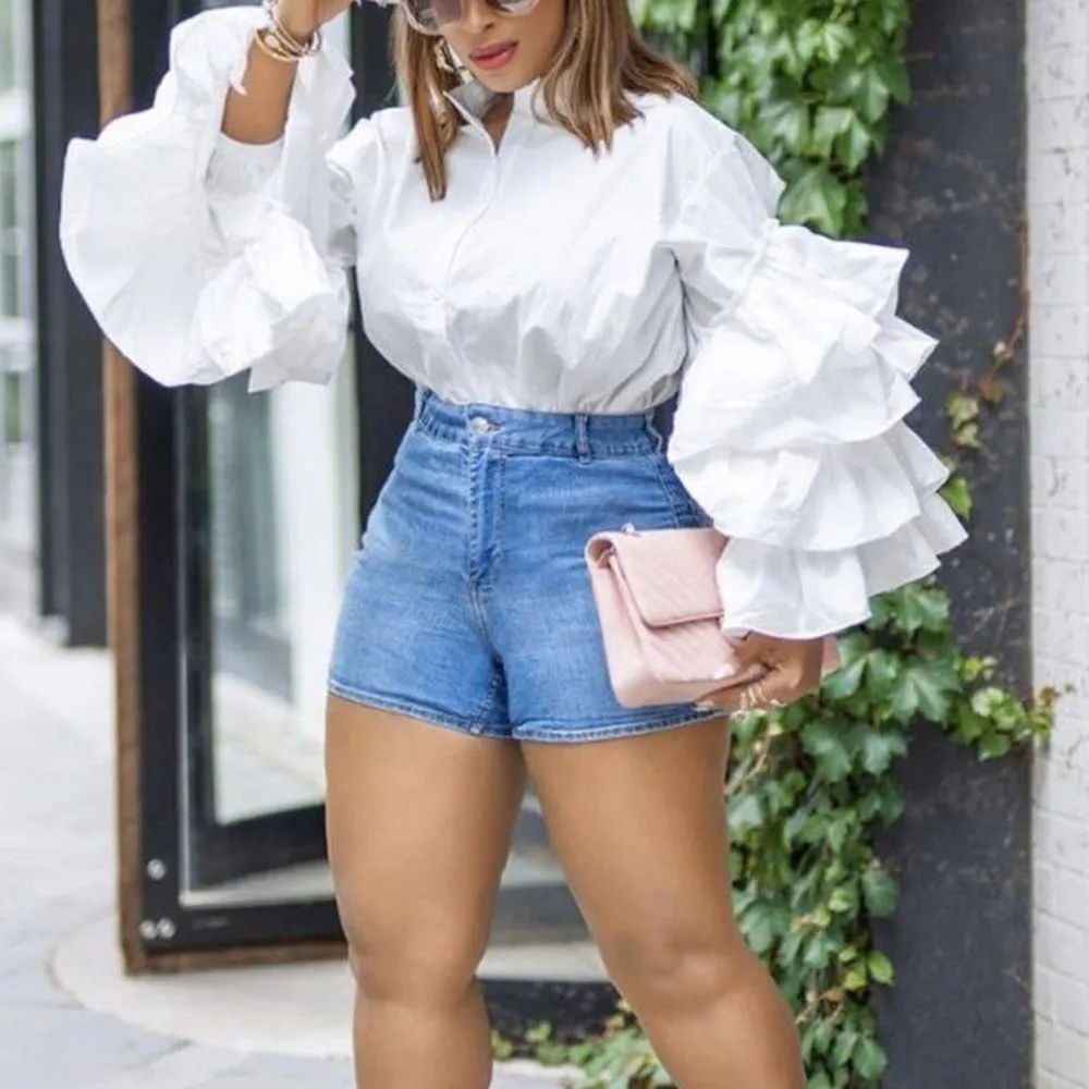spring new 2021 solid ruffle sleeve falbala shirt blouse stand collar plus size fashion party tops 5 colors green blousa african