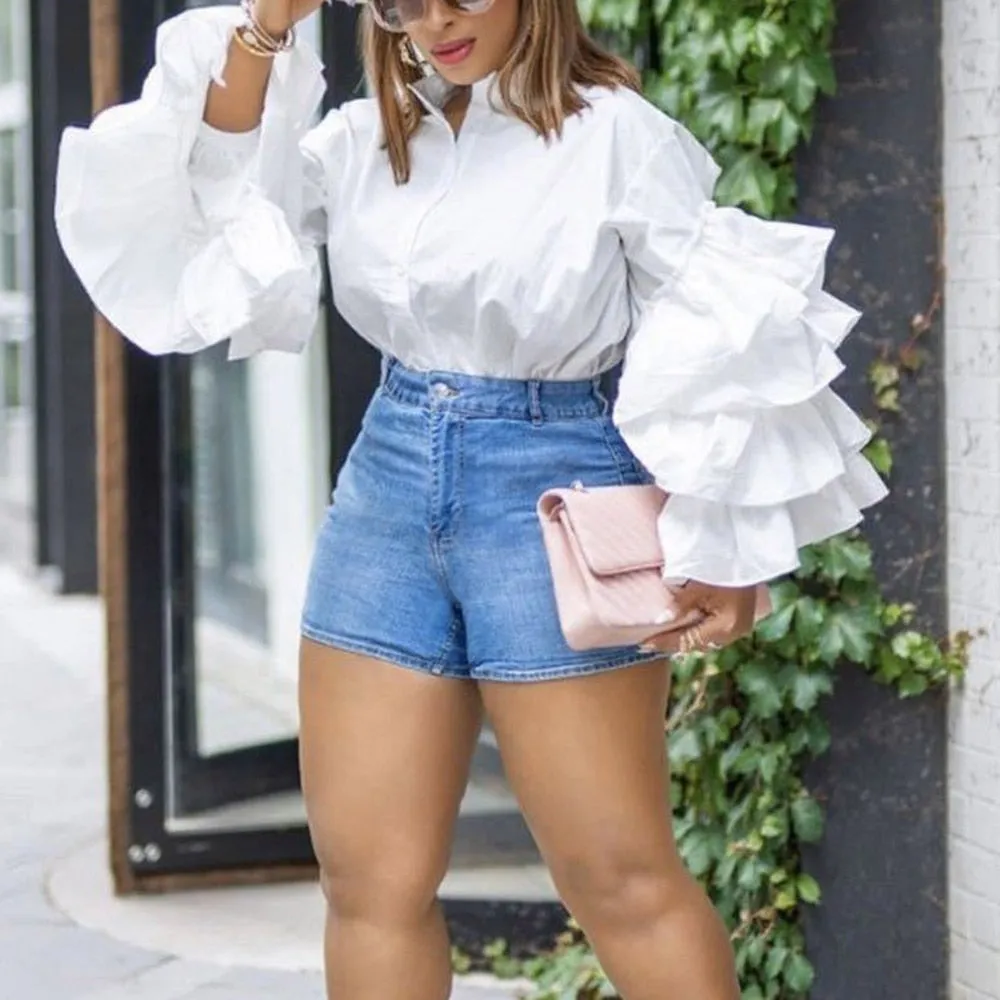 spring new 2021 solid ruffle sleeve falbala shirt blouse stand collar plus size fashion party tops 5 colors green blousa african