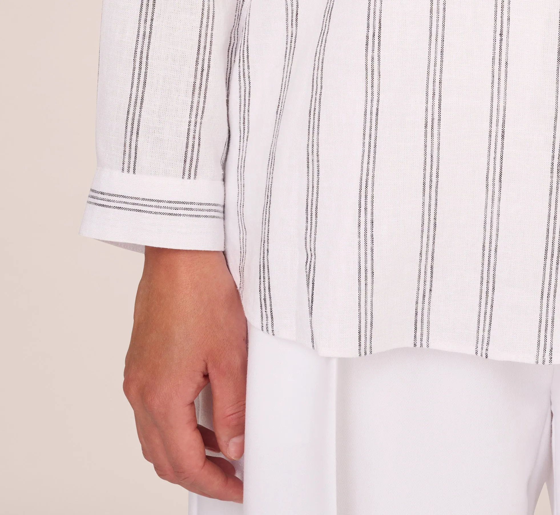 Striped Button Up Linen Shirt With Long Sleeves In White Grey Triple Stripe