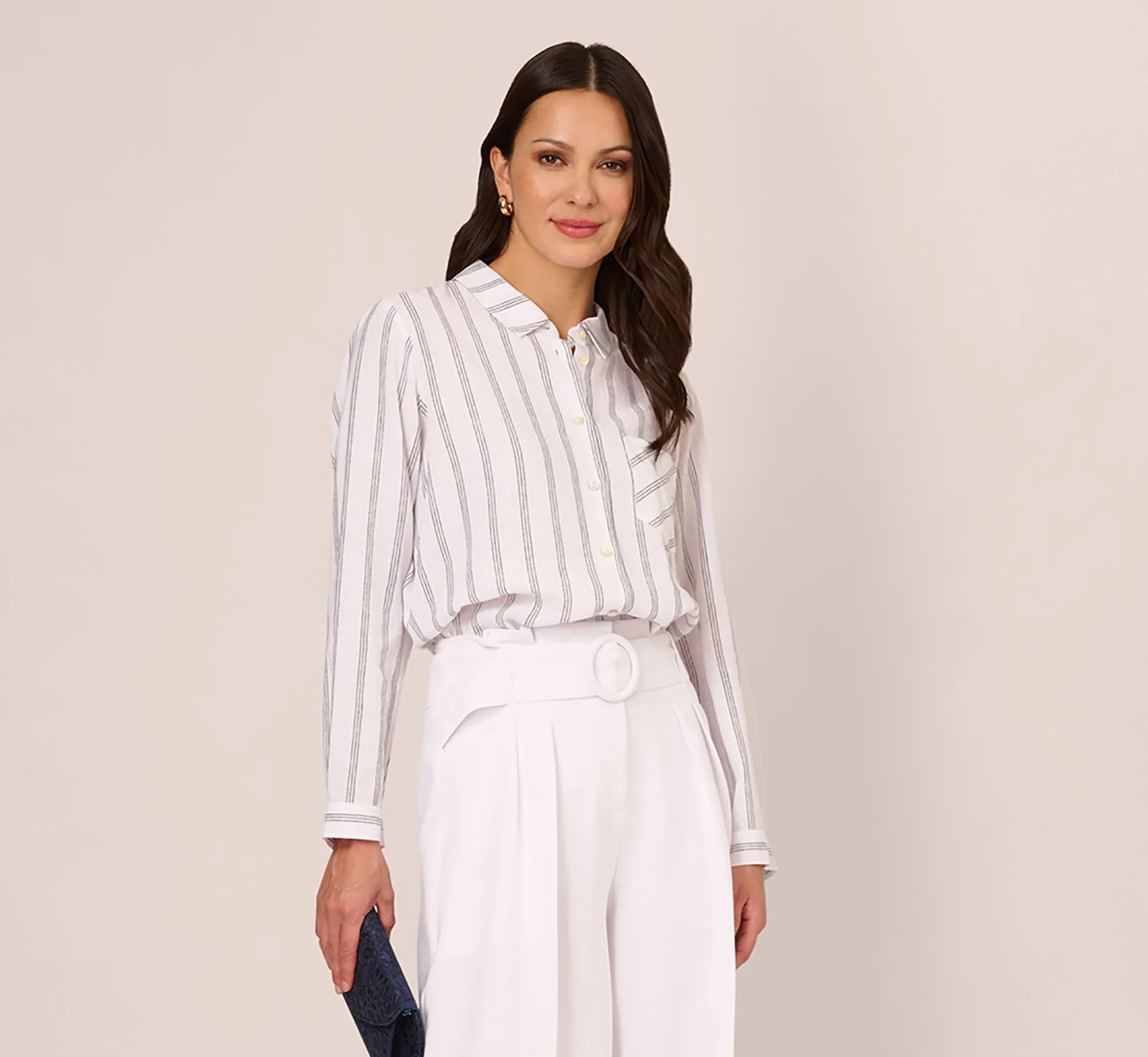 Striped Button Up Linen Shirt With Long Sleeves In White Grey Triple Stripe