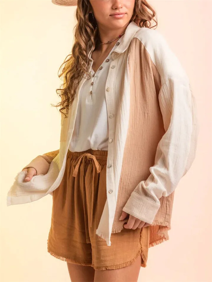 Stylish Color Block Holiday Lapel Button Up Blouses for Women