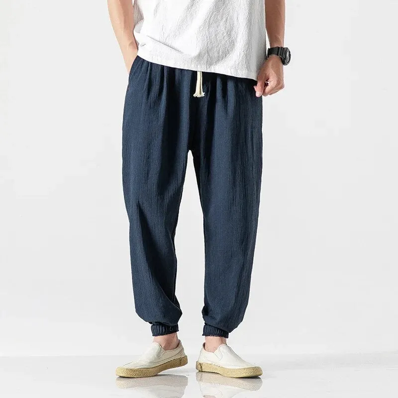 Summer Cotton Linen Harem Men Pants Chinese Style Joggers Men Casual Lightweight Ankle-length Male Trousers Sweatpants