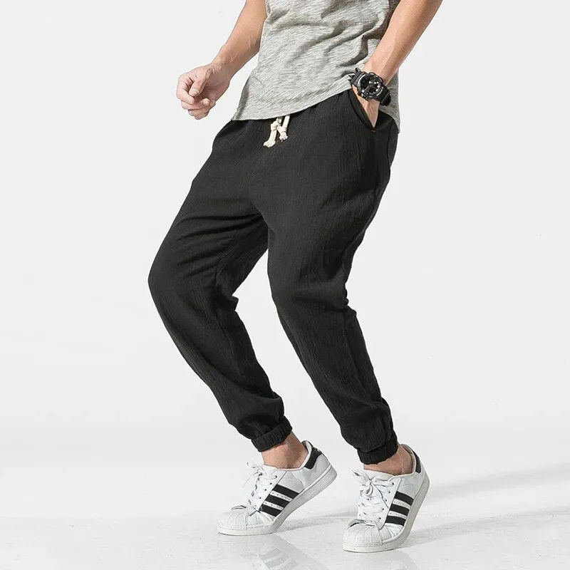 Summer Cotton Linen Harem Men Pants Chinese Style Joggers Men Casual Lightweight Ankle-length Male Trousers Sweatpants