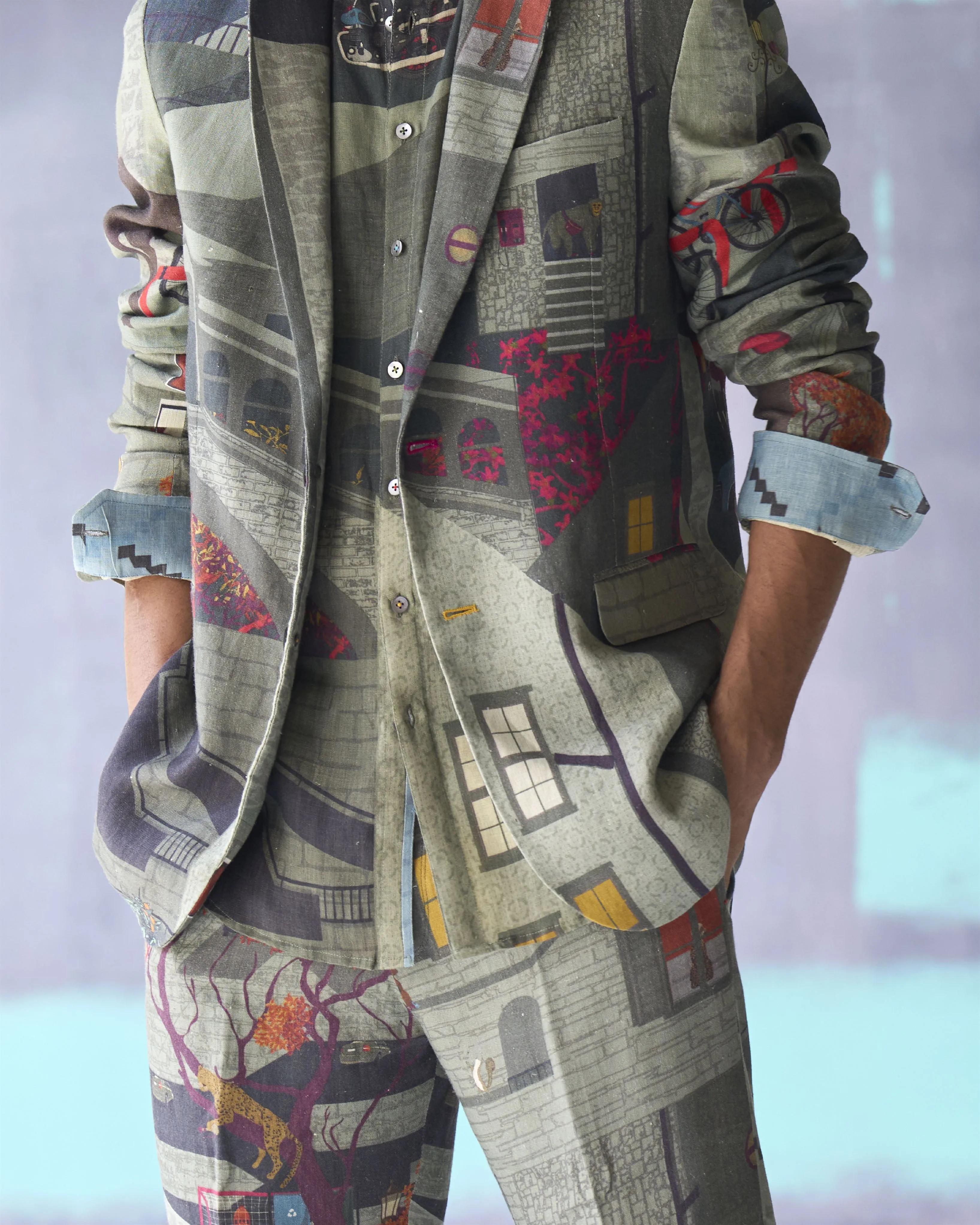 Summer Trouser Raahi Animal Linen Sage P102LI387 SuketDhir