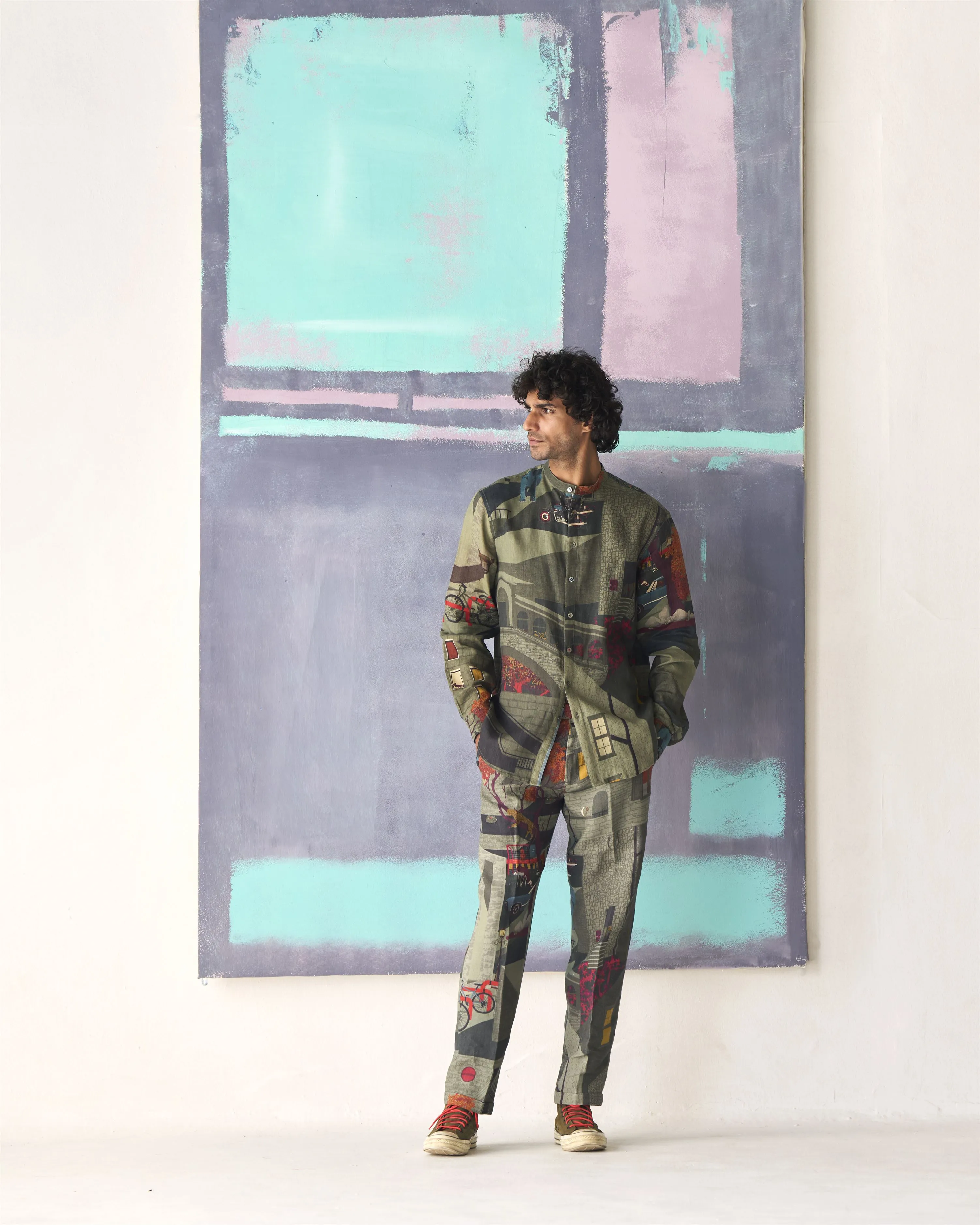 Summer Trouser Raahi Animal Linen Sage P102LI387 SuketDhir