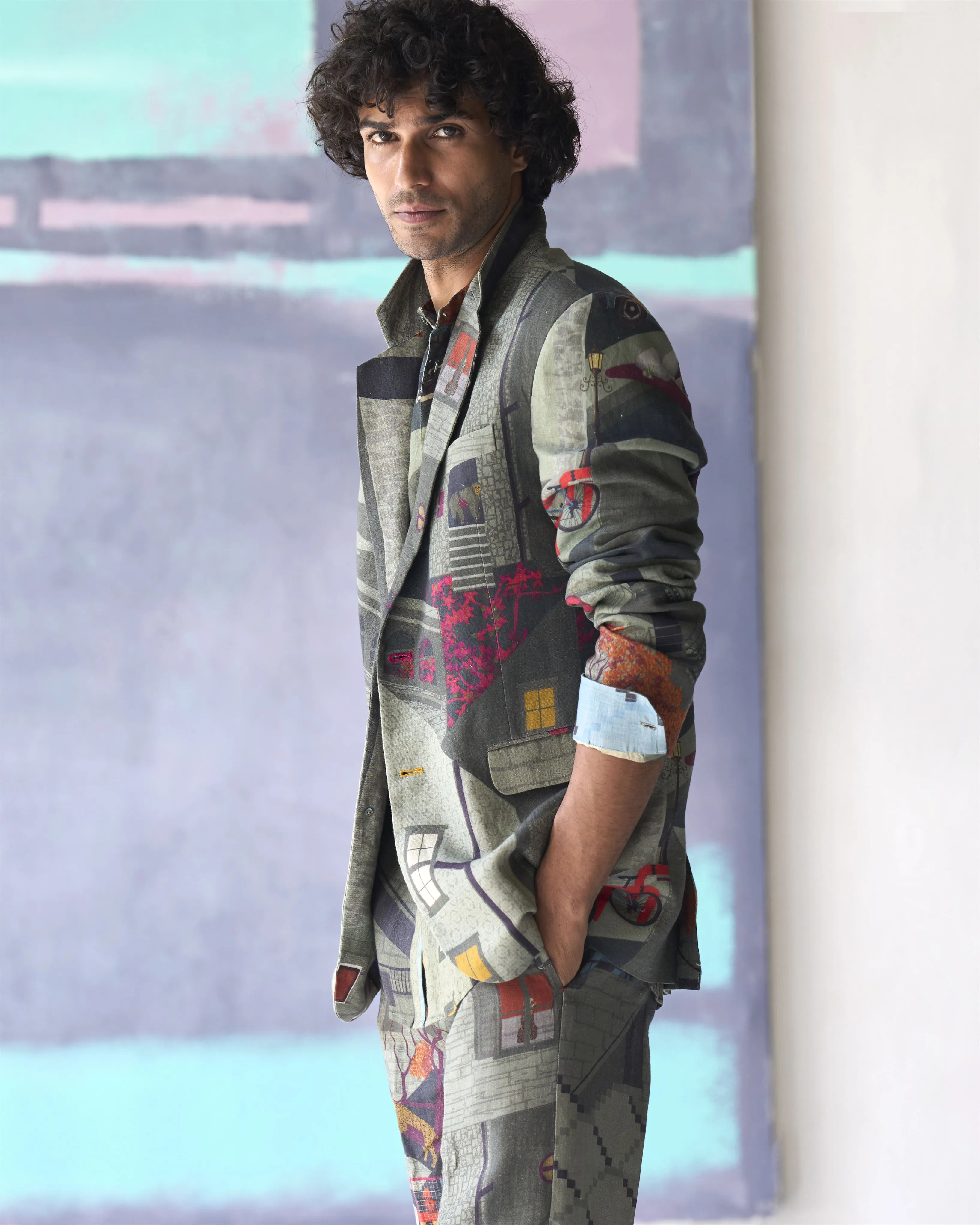 Summer Trouser Raahi Animal Linen Sage P102LI387 SuketDhir
