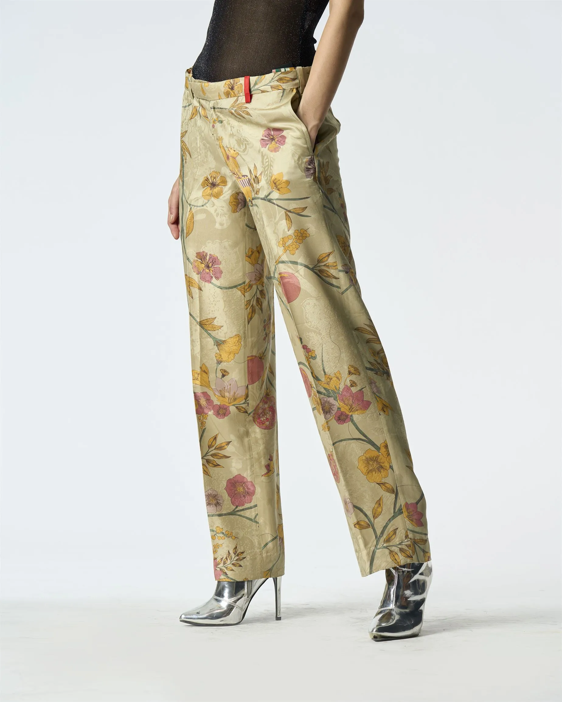 Summer-Trousers Straight Fit Mint Silk Damask-Fashion Edit Orchard-WP532SJ535-SUKETDHIR