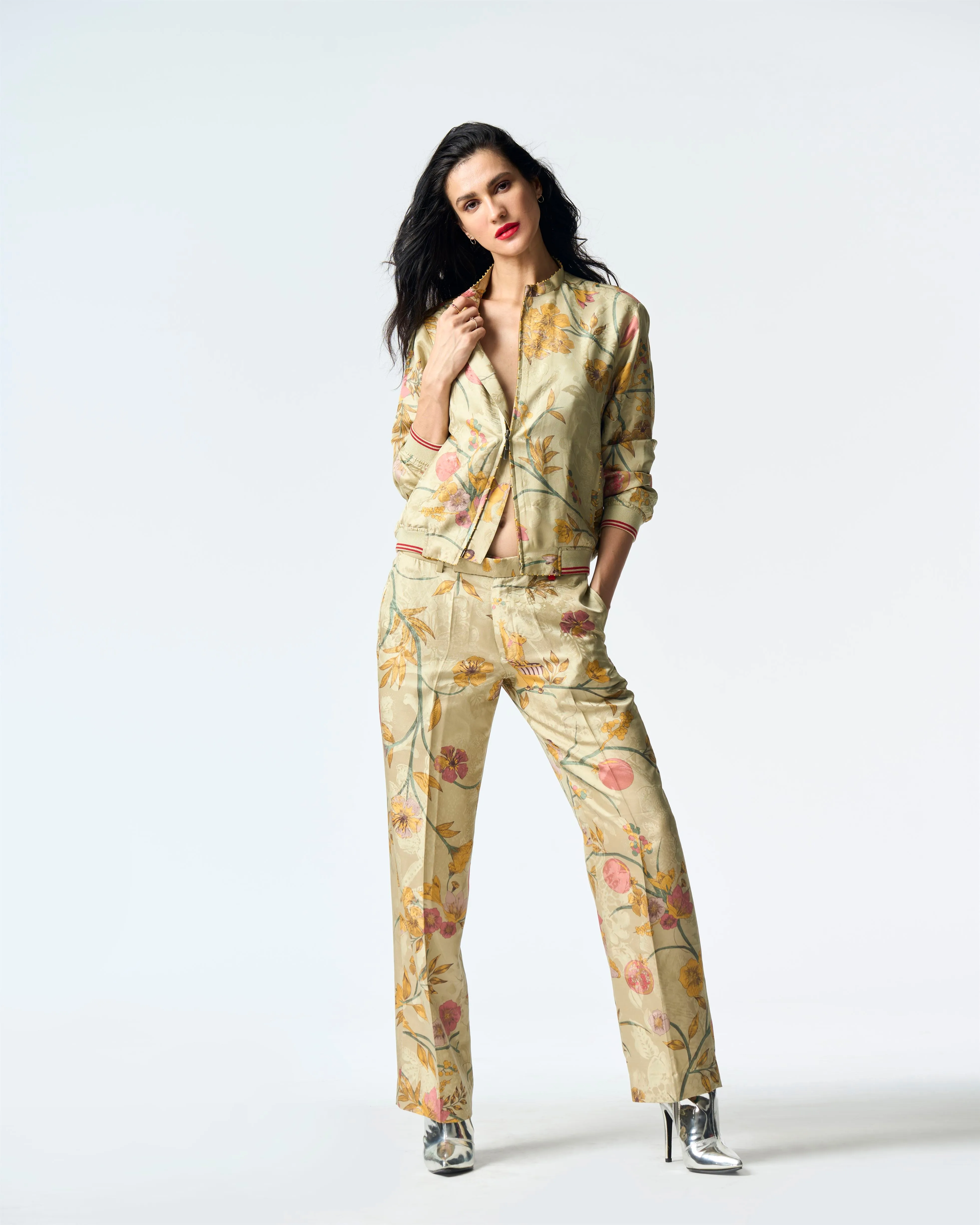 Summer-Trousers Straight Fit Mint Silk Damask-Fashion Edit Orchard-WP532SJ535-SUKETDHIR