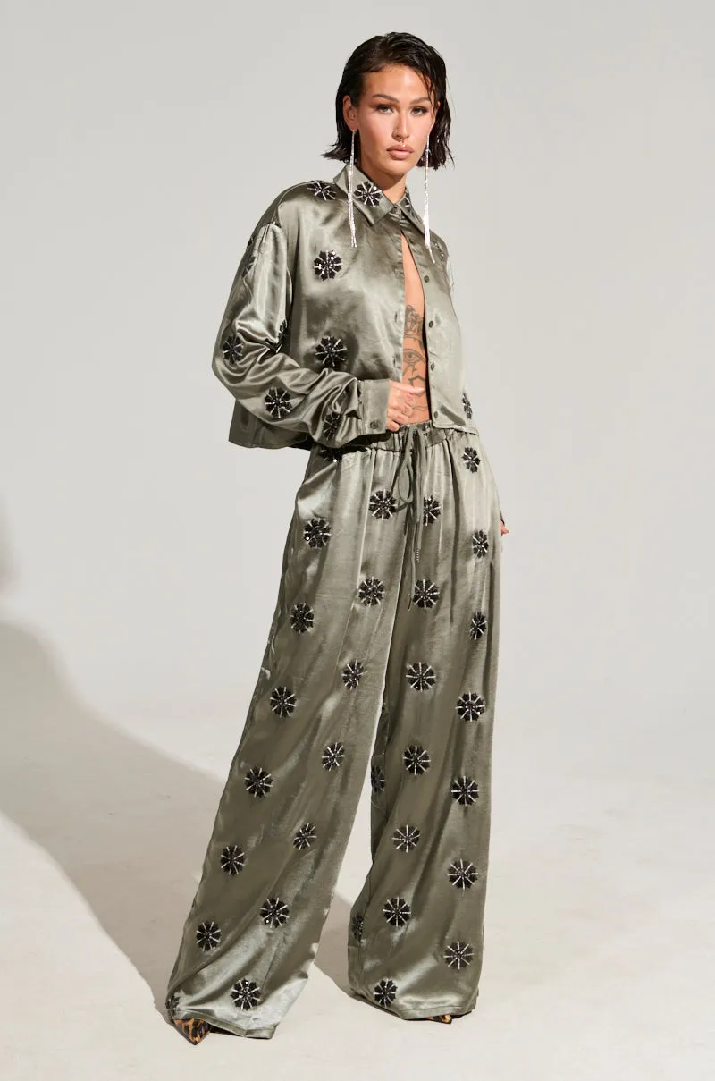 SUNSET DREAMS SATIN BUTTON DOWN TOP IN SAGE