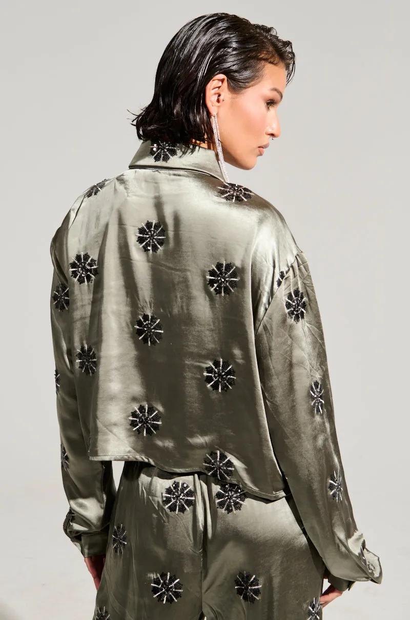 SUNSET DREAMS SATIN BUTTON DOWN TOP IN SAGE