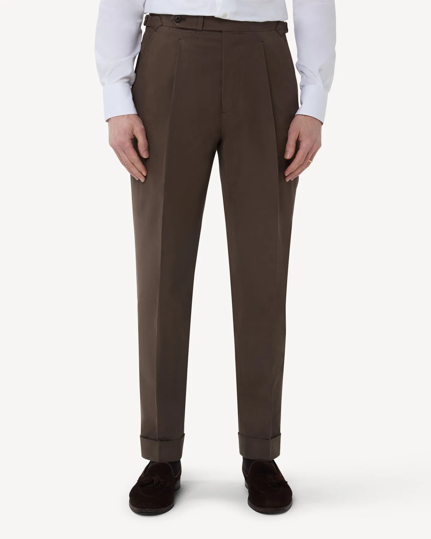 Tobacco Single Pleat Cotton Drill Trousers
