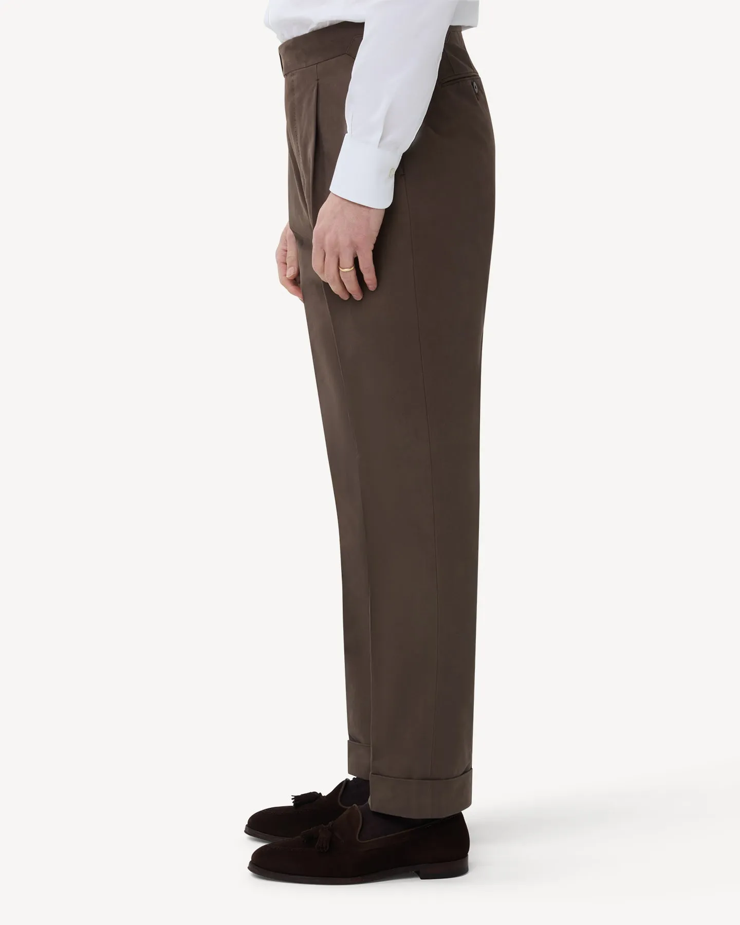 Tobacco Single Pleat Cotton Drill Trousers