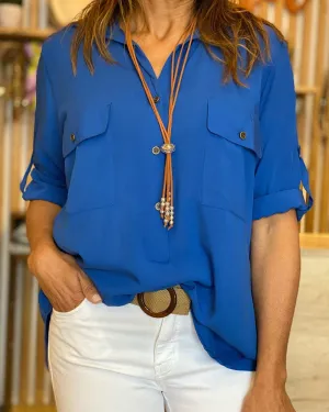Turn down Collar Pocket Design Long Sleeve Blouse Casual Button Decor Loose Fit Top