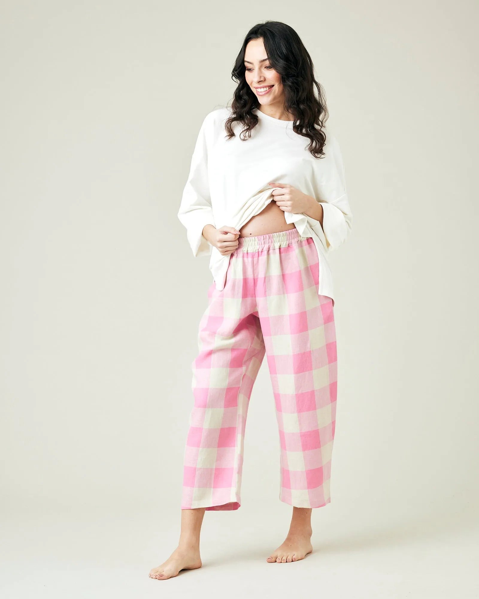 Ultimate PJ Trousers Pink & Ecru Mega Check Linen