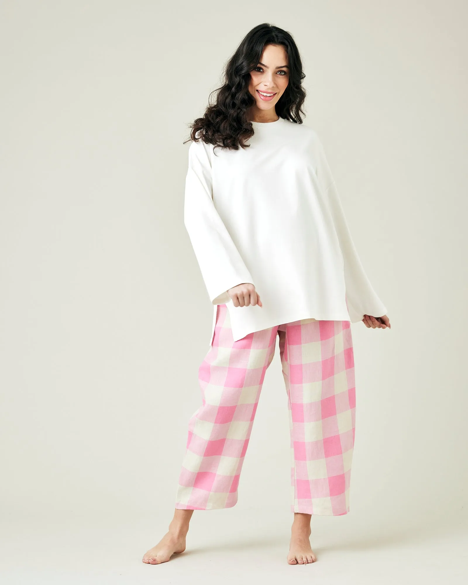 Ultimate PJ Trousers Pink & Ecru Mega Check Linen
