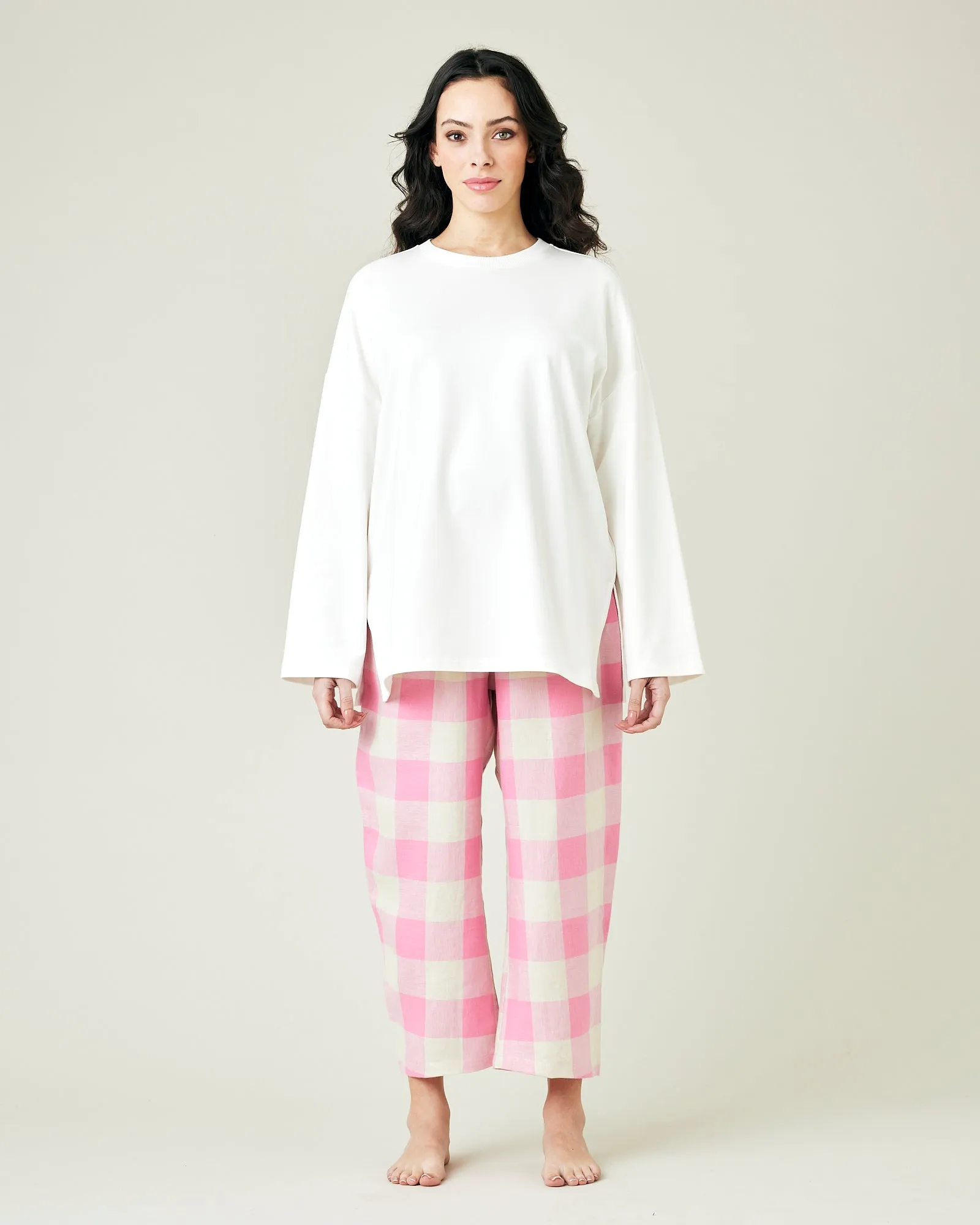 Ultimate PJ Trousers Pink & Ecru Mega Check Linen