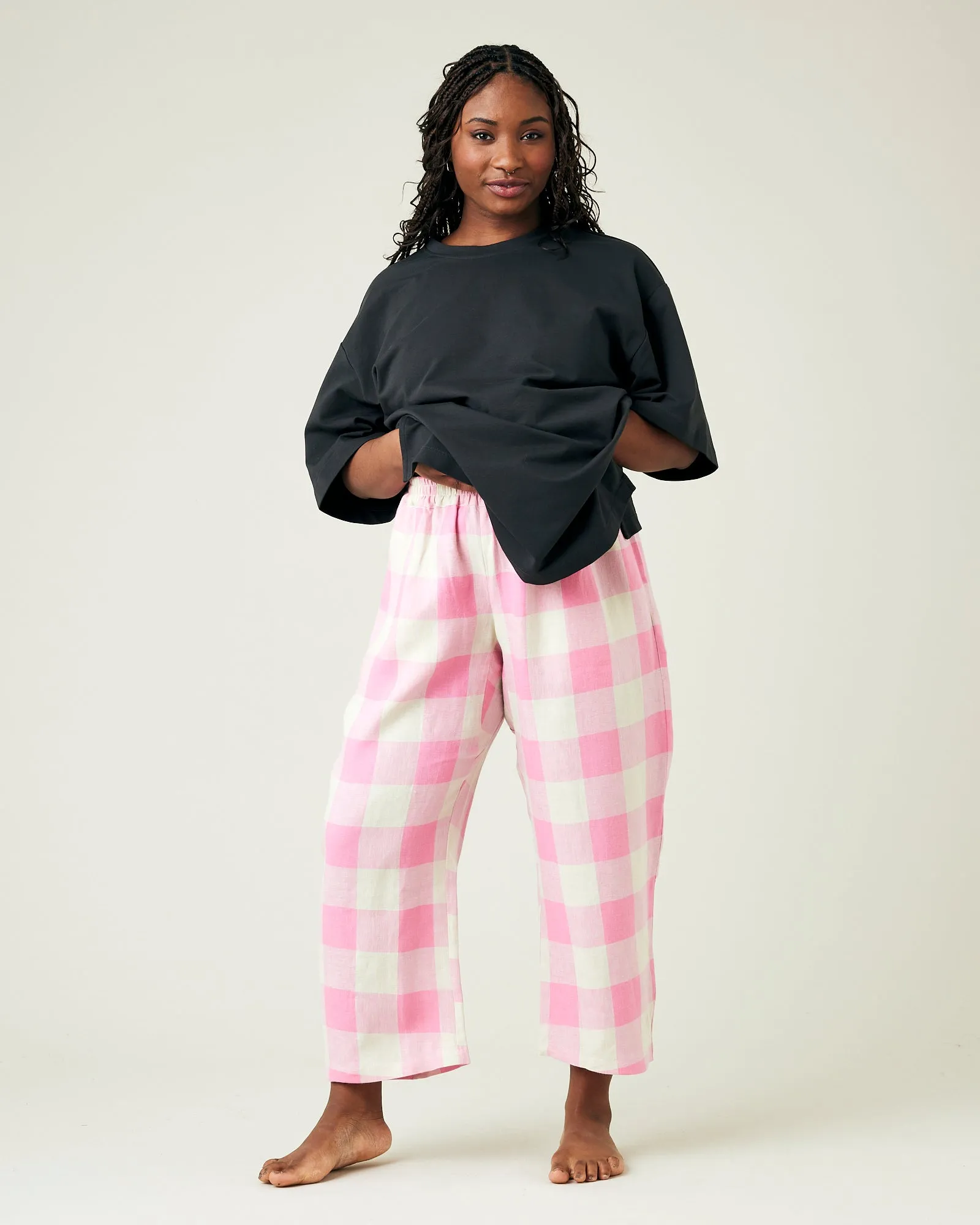 Ultimate PJ Trousers Pink & Ecru Mega Check Linen