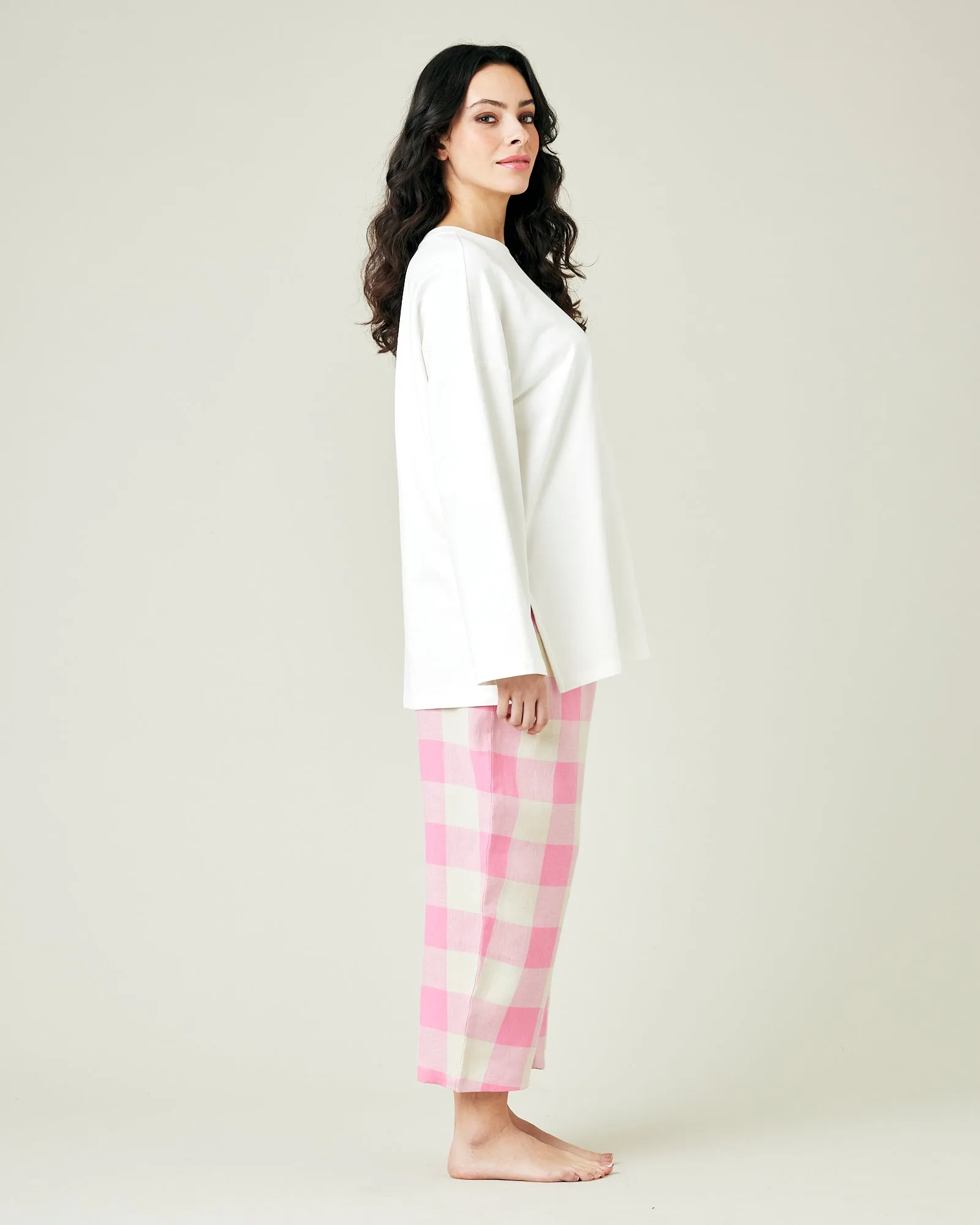 Ultimate PJ Trousers Pink & Ecru Mega Check Linen