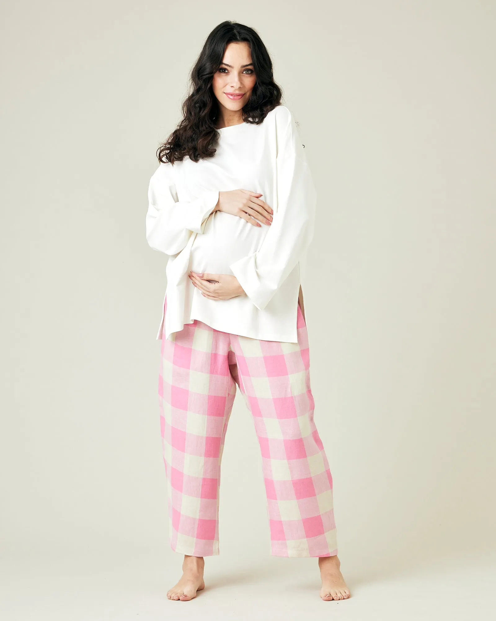 Ultimate PJ Trousers Pink & Ecru Mega Check Linen