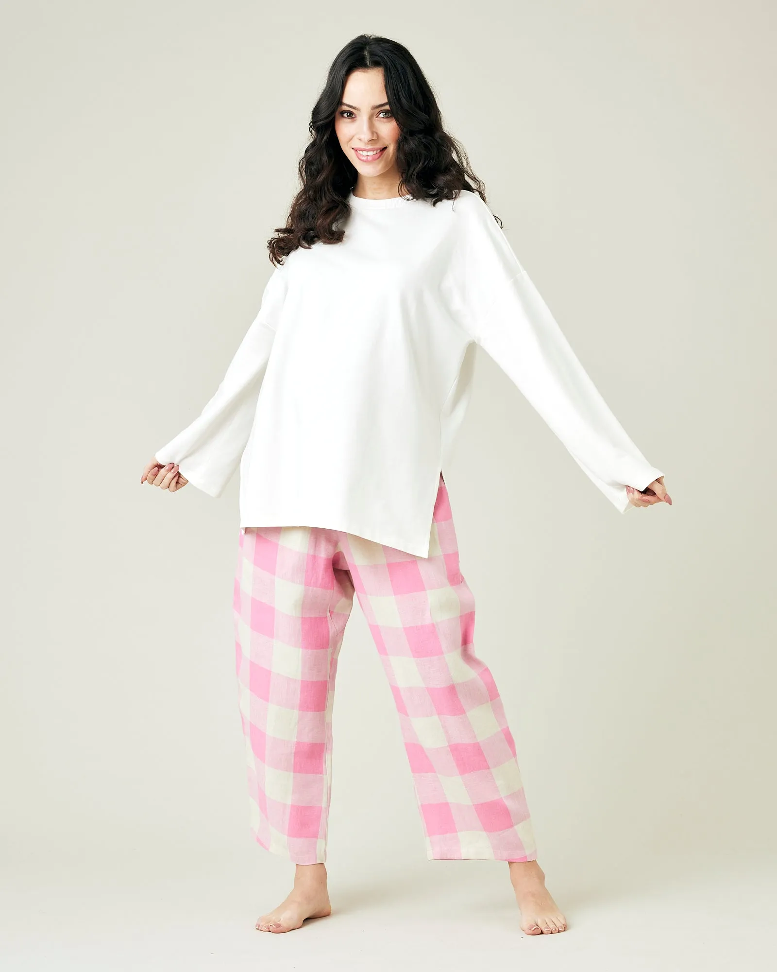 Ultimate PJ Trousers Pink & Ecru Mega Check Linen
