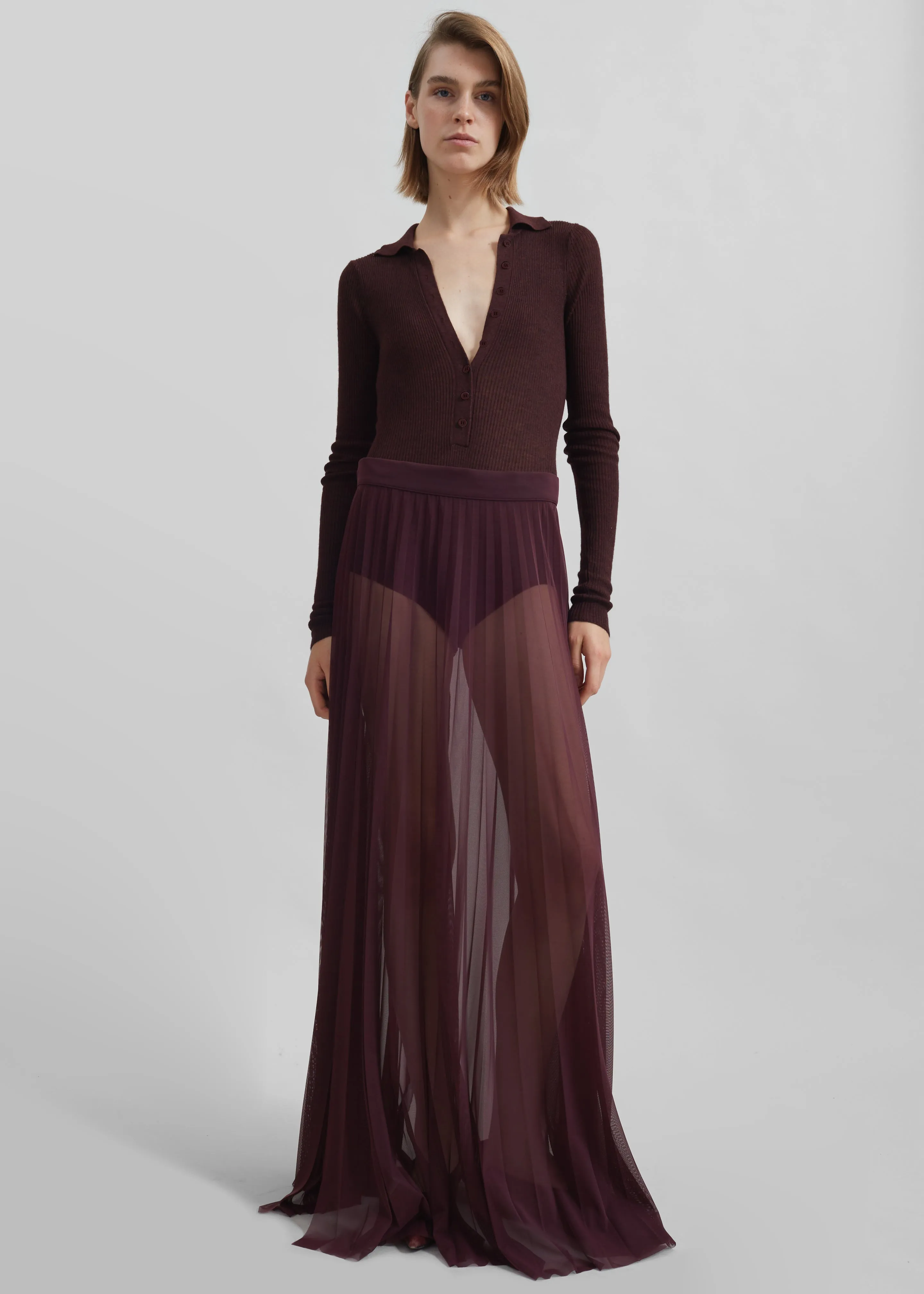 Vallen Pleated Mesh Maxi Skirt - Burgundy