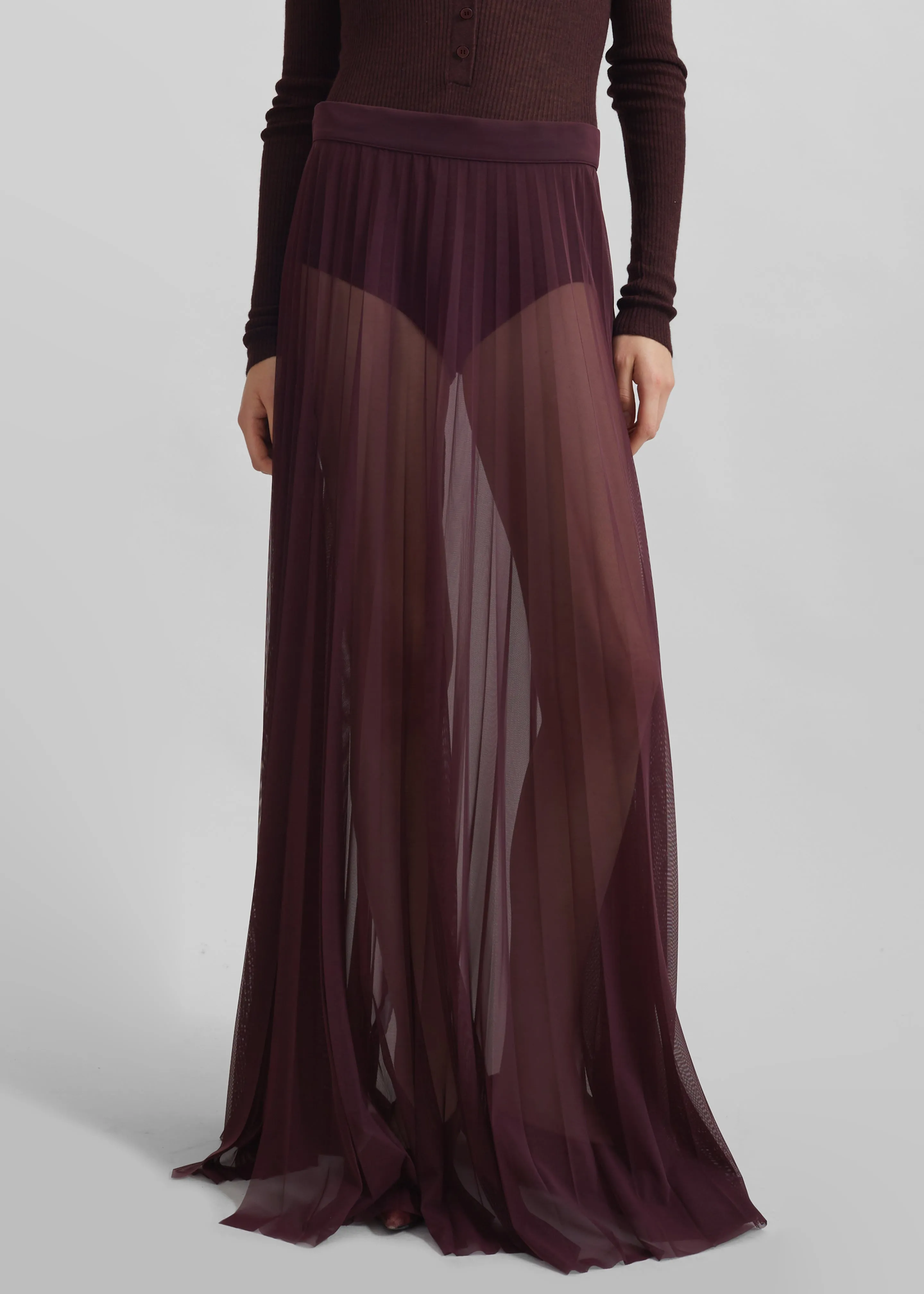 Vallen Pleated Mesh Maxi Skirt - Burgundy