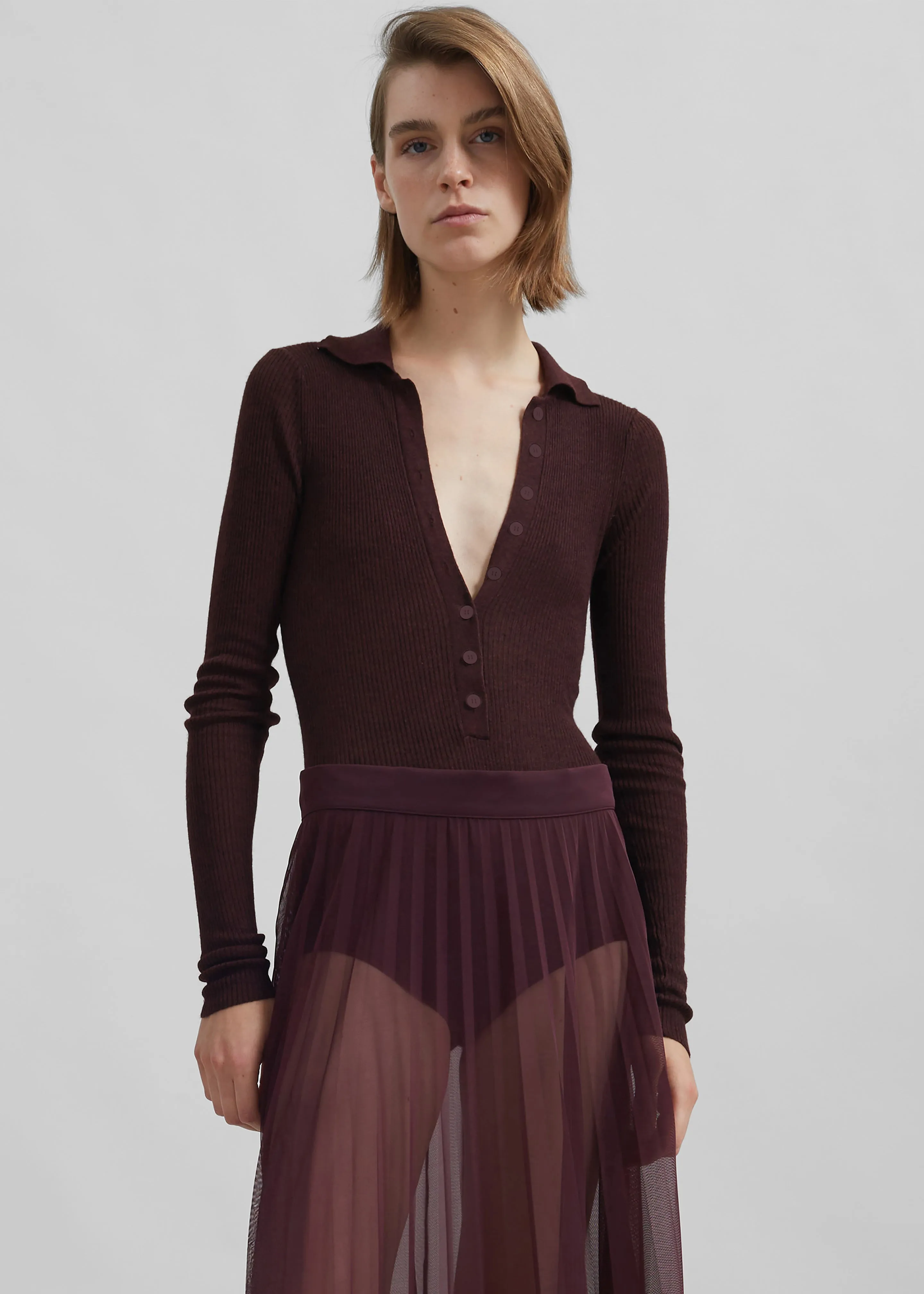 Vallen Pleated Mesh Maxi Skirt - Burgundy