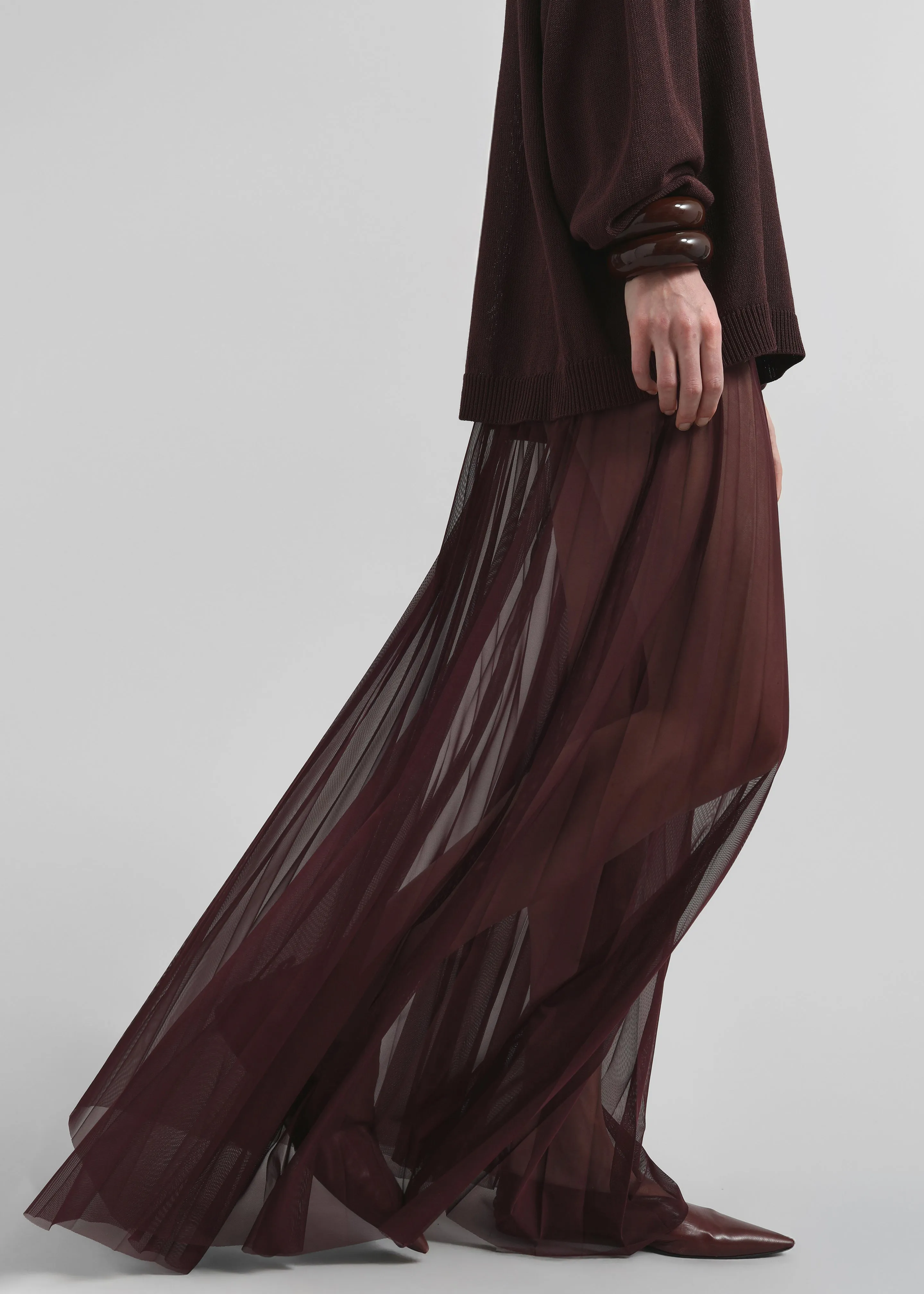 Vallen Pleated Mesh Maxi Skirt - Burgundy