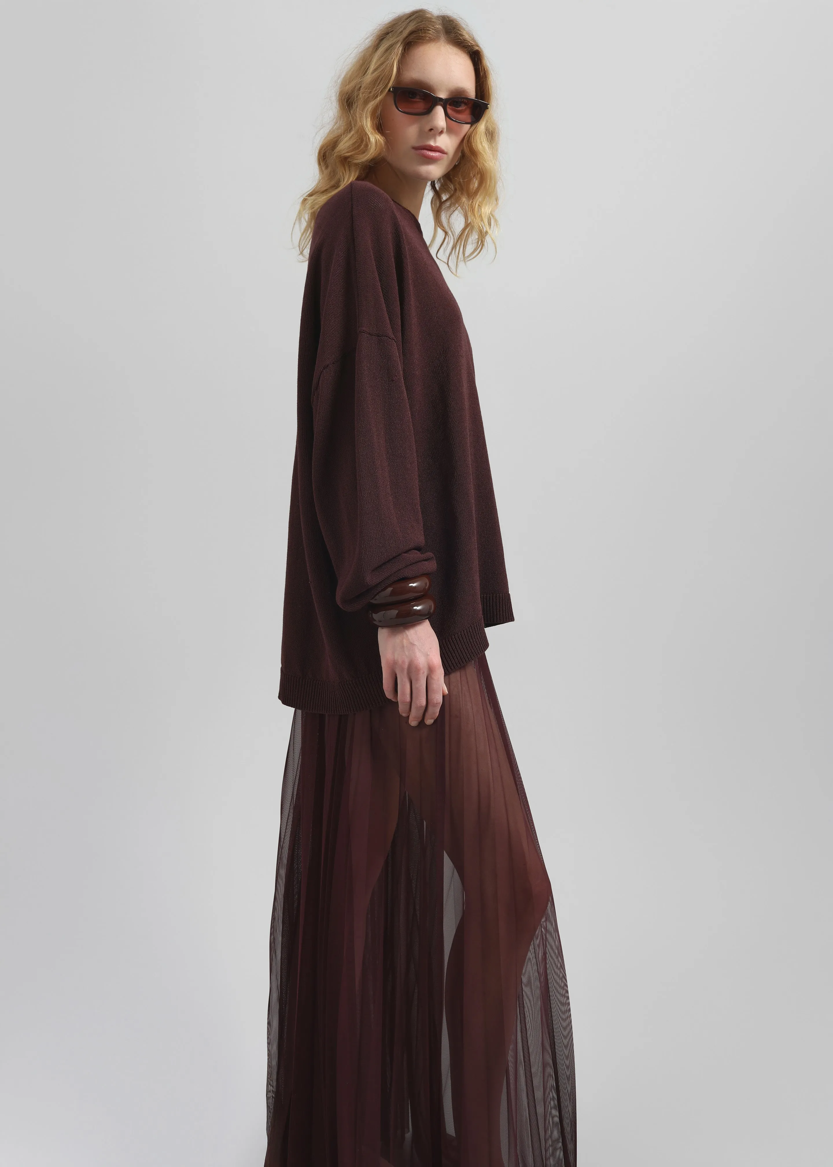 Vallen Pleated Mesh Maxi Skirt - Burgundy