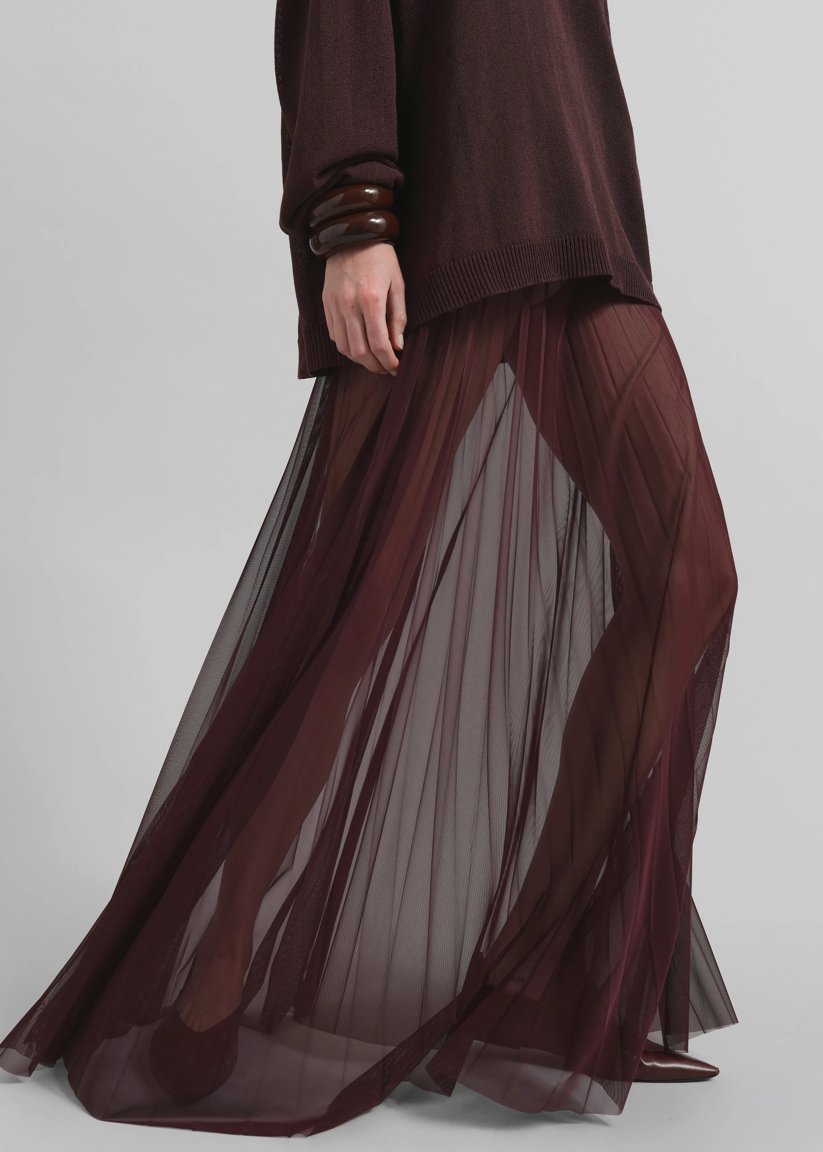 Vallen Pleated Mesh Maxi Skirt - Burgundy