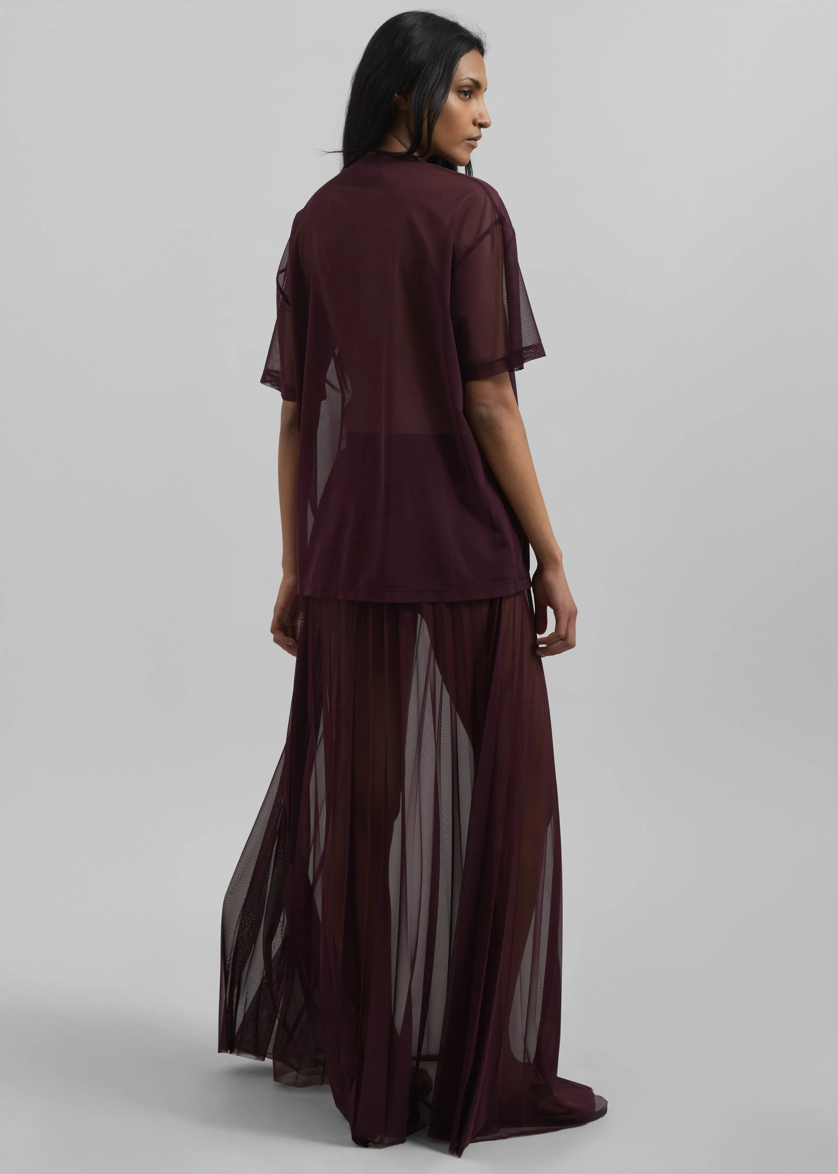 Vallen Pleated Mesh Maxi Skirt - Burgundy