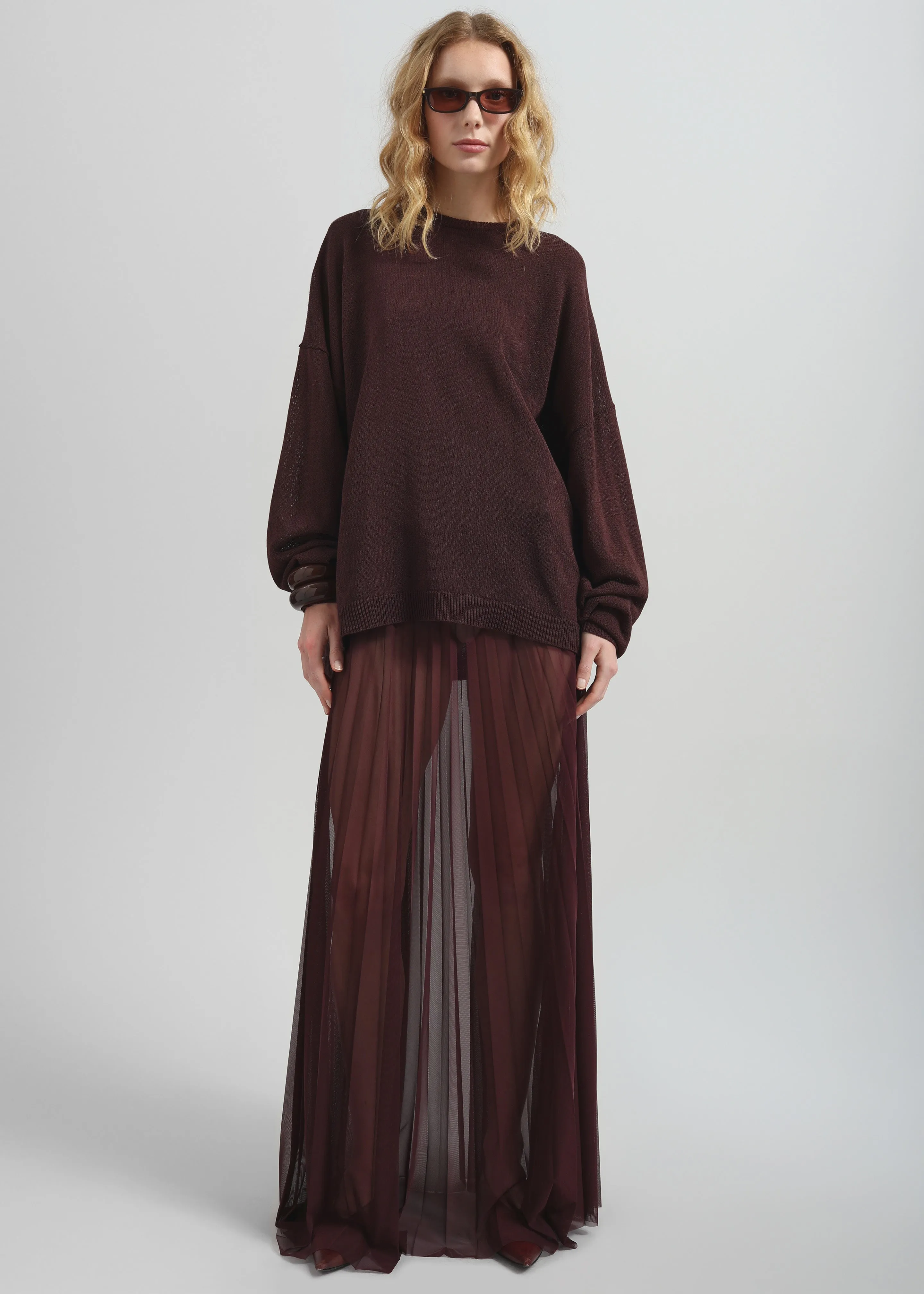 Vallen Pleated Mesh Maxi Skirt - Burgundy