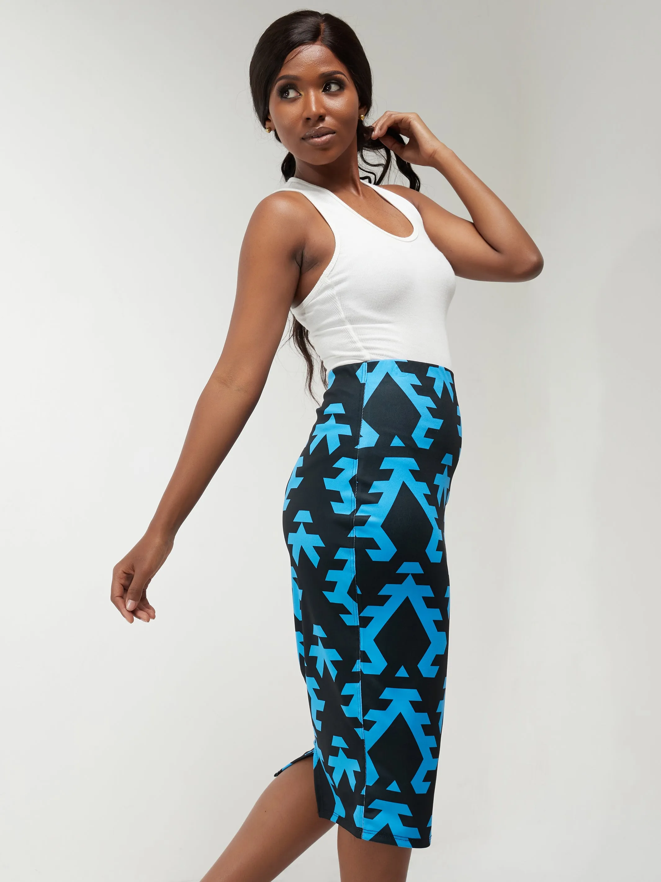 Vivo Tuni Midi Pencil Skirt - Blue / Black Print
