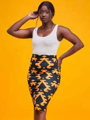 Vivo Tuni Midi Pencil Skirt - Mustard / Black Print