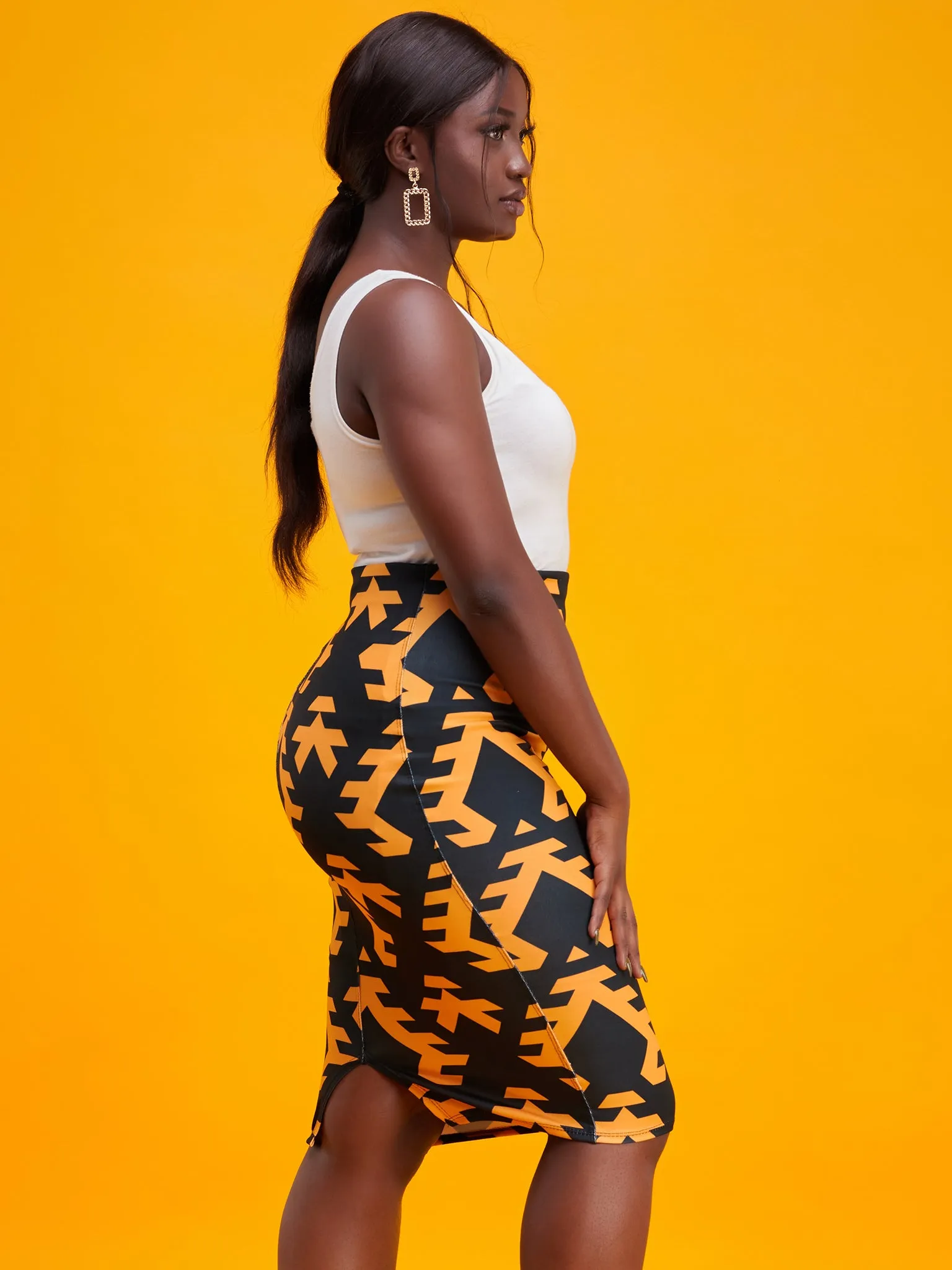 Vivo Tuni Midi Pencil Skirt - Mustard / Black Print