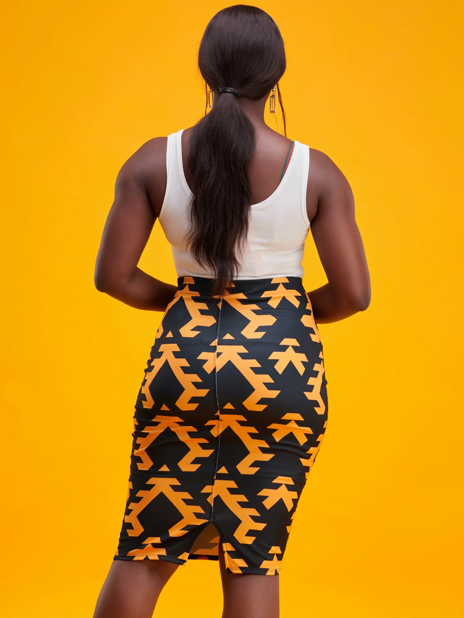 Vivo Tuni Midi Pencil Skirt - Mustard / Black Print