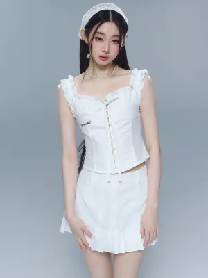 White Adjustable Drawstring Camisole Top And A-Line Skirt Set
