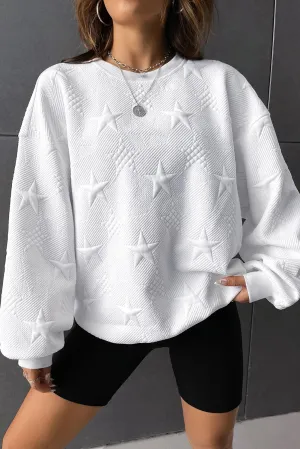 White Star Shape Textured Round Neck Pullover Sweatshirt