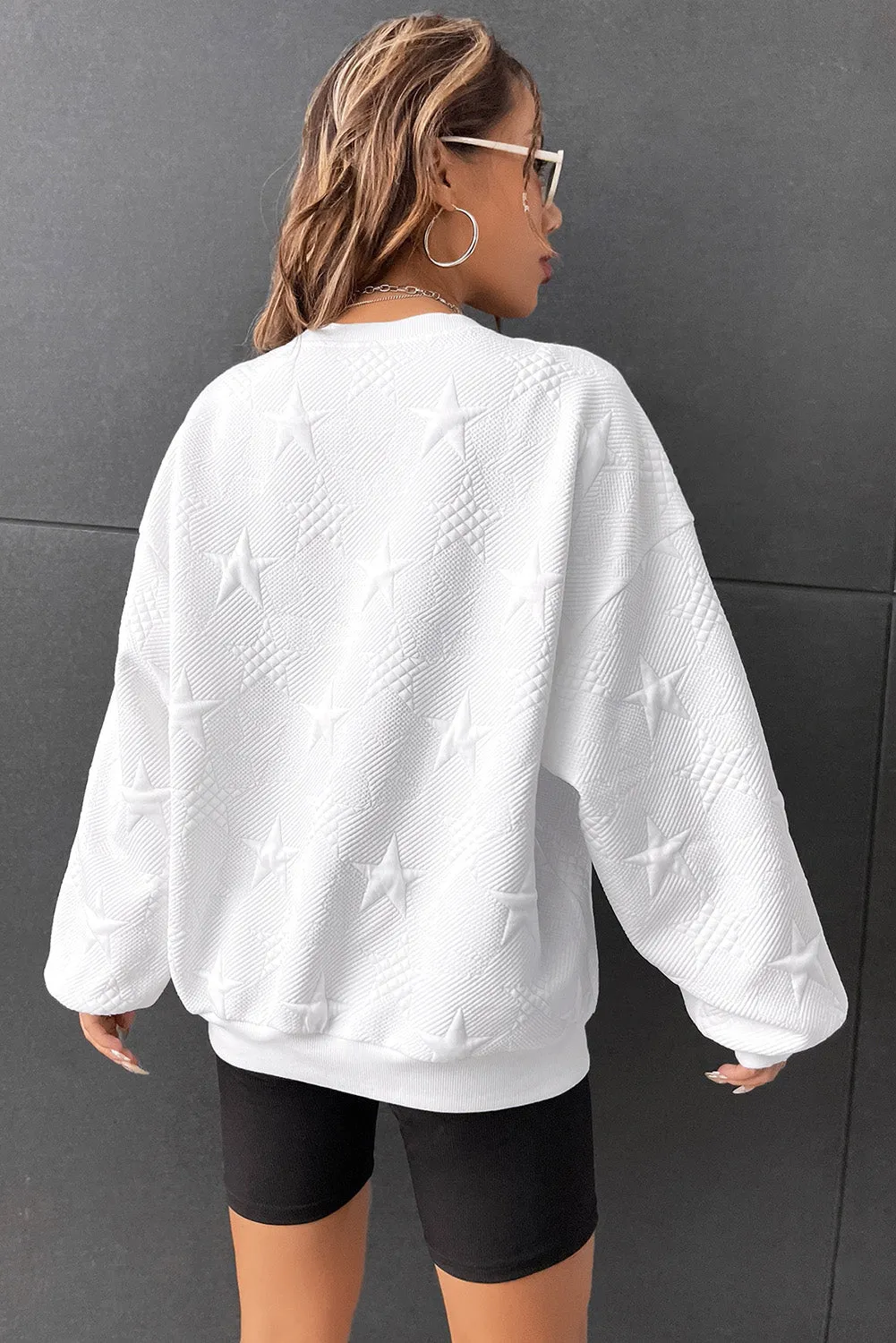 White Star Shape Textured Round Neck Pullover Sweatshirt