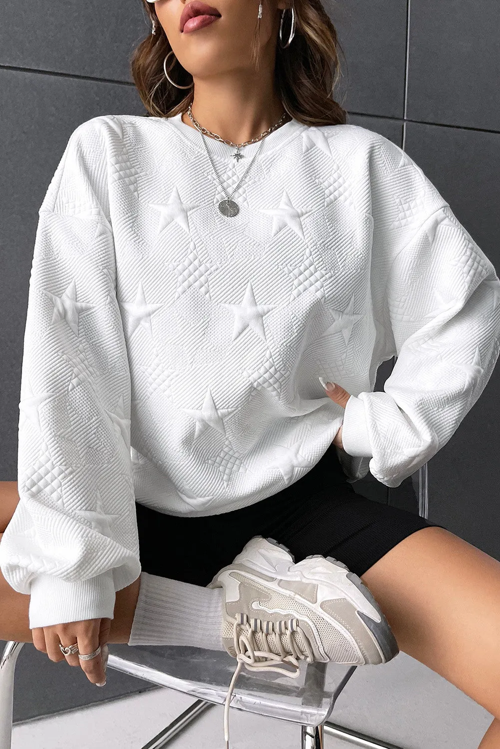 White Star Shape Textured Round Neck Pullover Sweatshirt