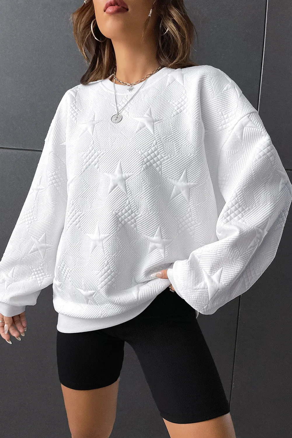 White Star Shape Textured Round Neck Pullover Sweatshirt