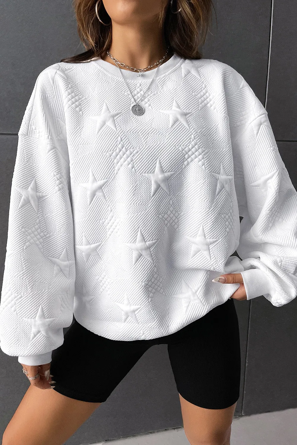 White Star Shape Textured Round Neck Pullover Sweatshirt