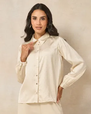Women Beige Embellished  Heat Stones Satin Shirt