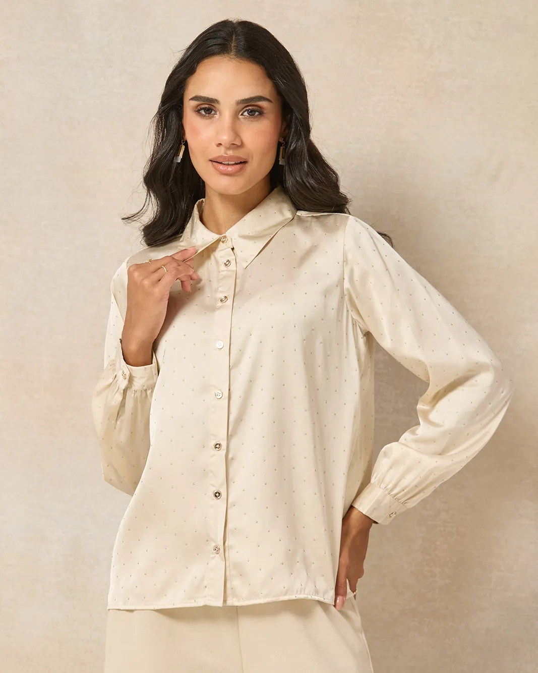 Women Beige Embellished  Heat Stones Satin Shirt