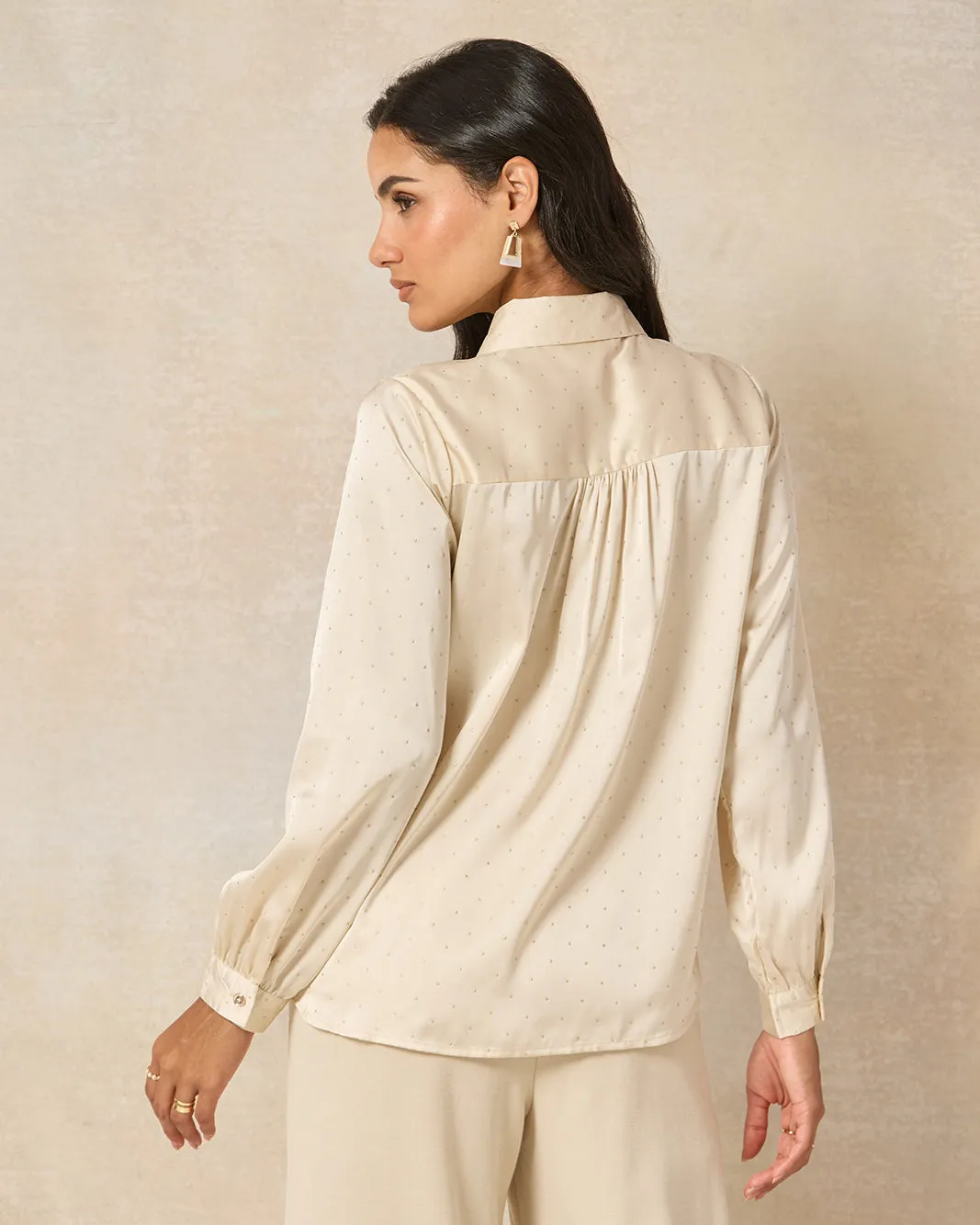 Women Beige Embellished  Heat Stones Satin Shirt