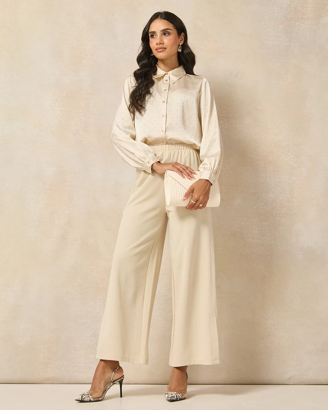 Women Beige Embellished  Heat Stones Satin Shirt