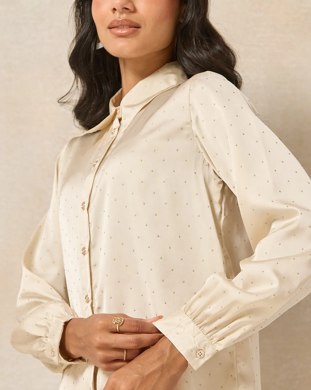 Women Beige Embellished  Heat Stones Satin Shirt