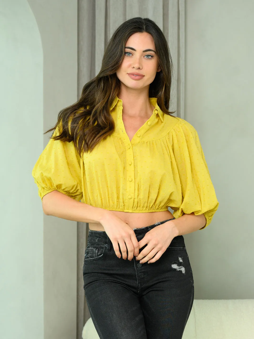 WOMEN'S 3/4 PUFF SLEEVE SWISS DOT CROP TOP