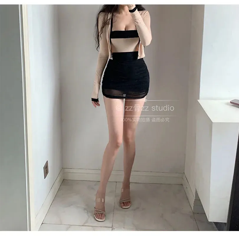 Women's Black Mesh Pleated High Waist Mini Skirt | Korean Style Streetwear